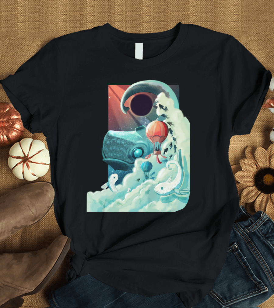 Space Oddity Surreal Cosmic Adventure with Dinosaurs and Hot Air Balloons T-Shirt