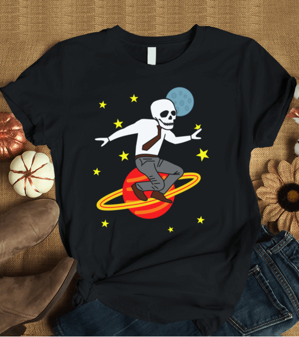 T-Shirt: Space Skeleton on Planet Orbit with Stars and Moon T-Shirt Space Skeleton on Planet Orbit with Stars and Moon T-Shirt