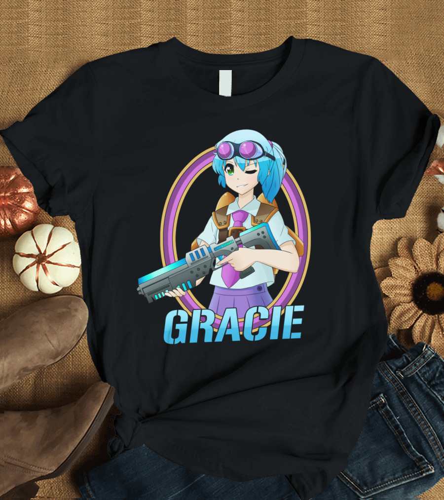 GRACIE Anime Girl with Blue Hair and Laser Gun T-Shirt