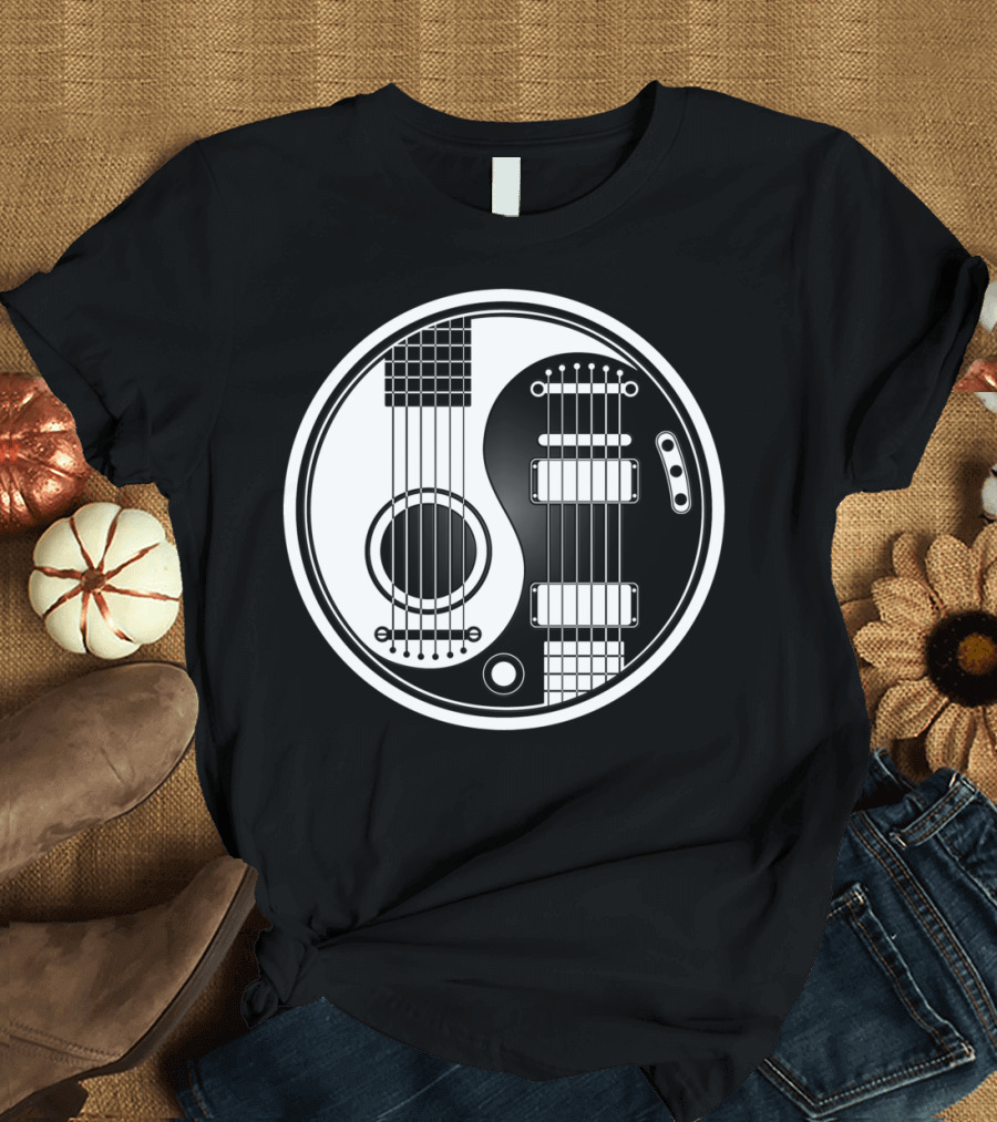 White and Black Acoustic Electric Guitars Yin Yang Circle T-Shirt