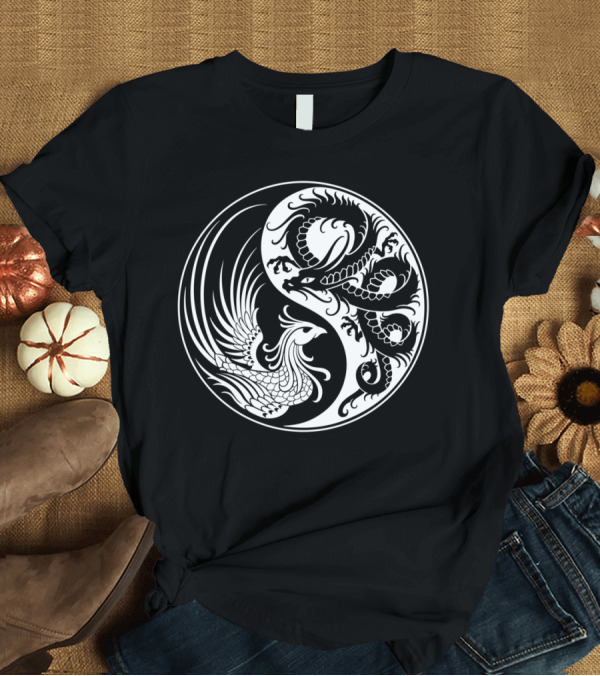 T-Shirt: Black White Dragon Phoenix Yin Yang T-Shirt Black White Dragon Phoenix Yin Yang T-Shirt