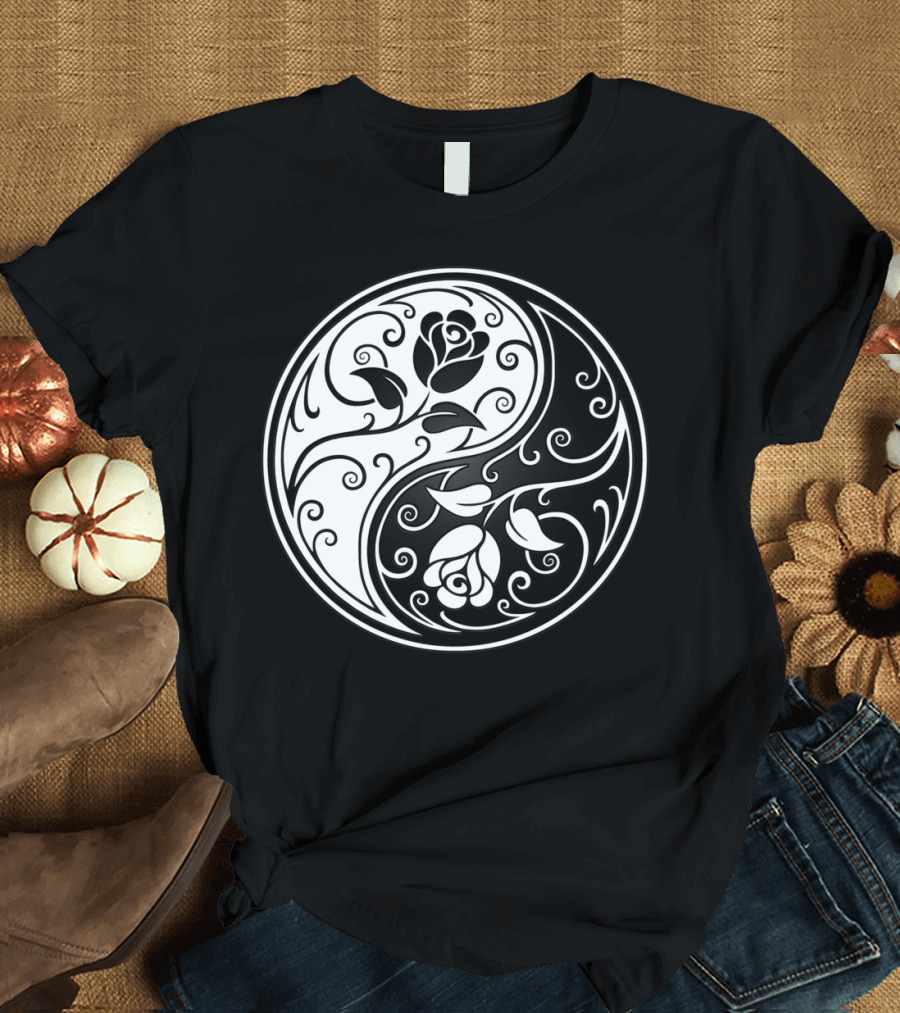 White and Black Yin Yang Floral Pattern with Roses T-Shirt
