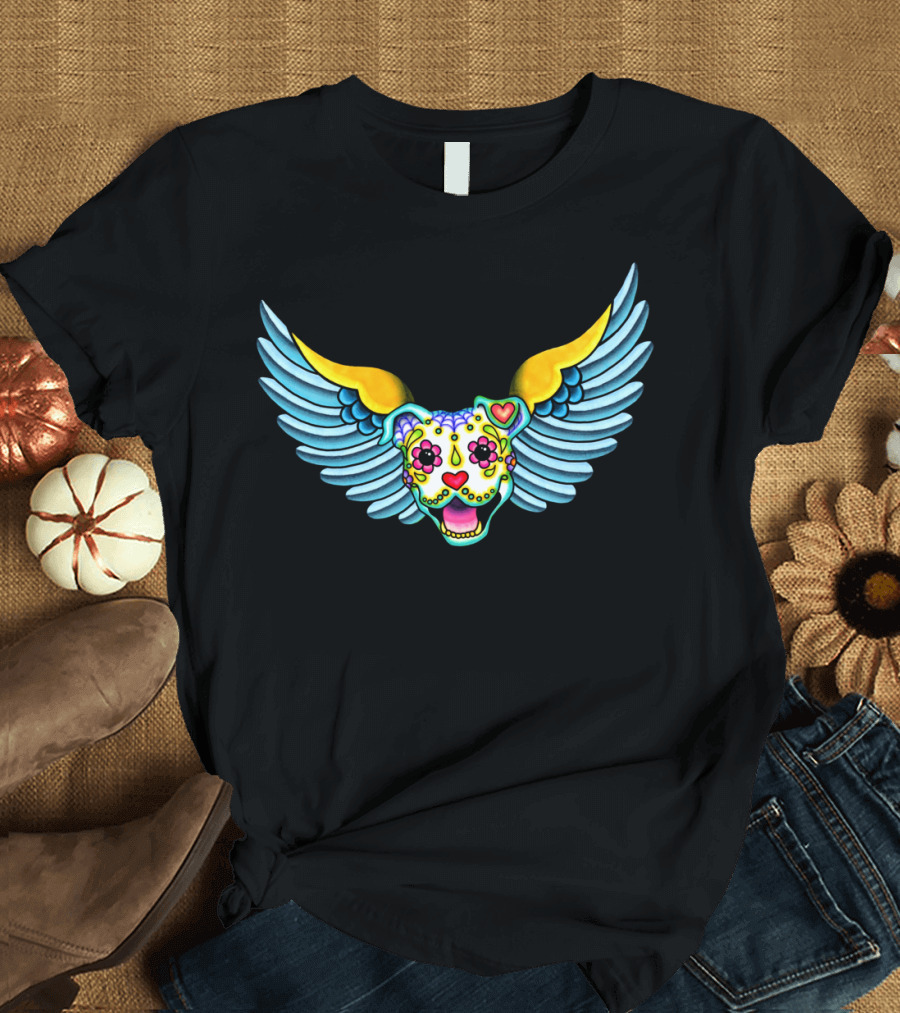 Colorful Sugar Skull Pit Bull With Angel Wings T-Shirt