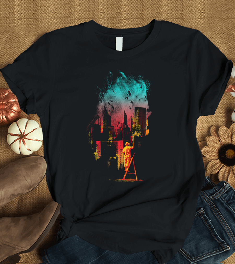 Paint The Reality Urban Skyline Transformation with Painter Silhouette and Colorful Cityscape T-Shirt