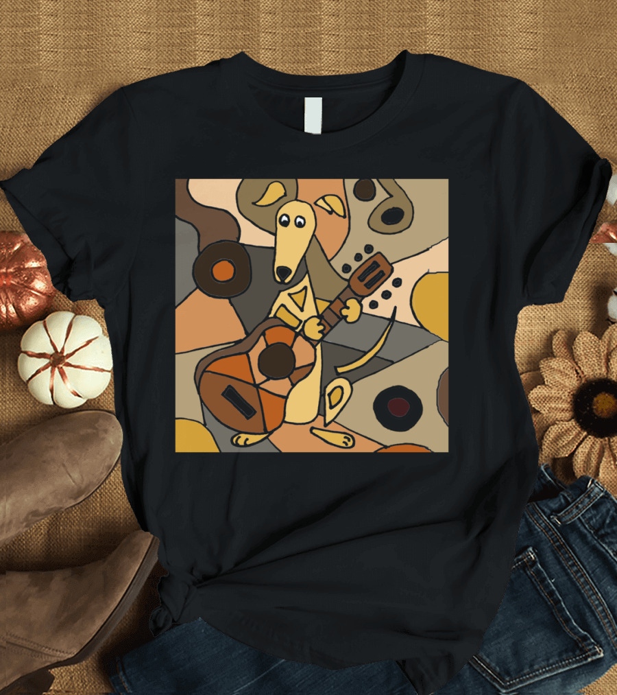 Funky Artistic Greyhound Dog Abstract Playing Guitar in Geometric T-Shirt