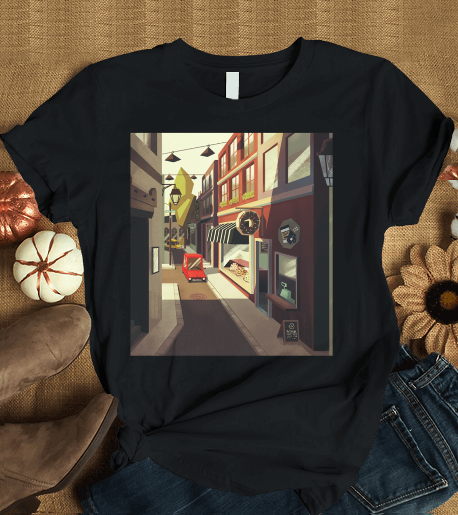 Donut Street City Alleyway with Bakery and Red Car T-Shirt
