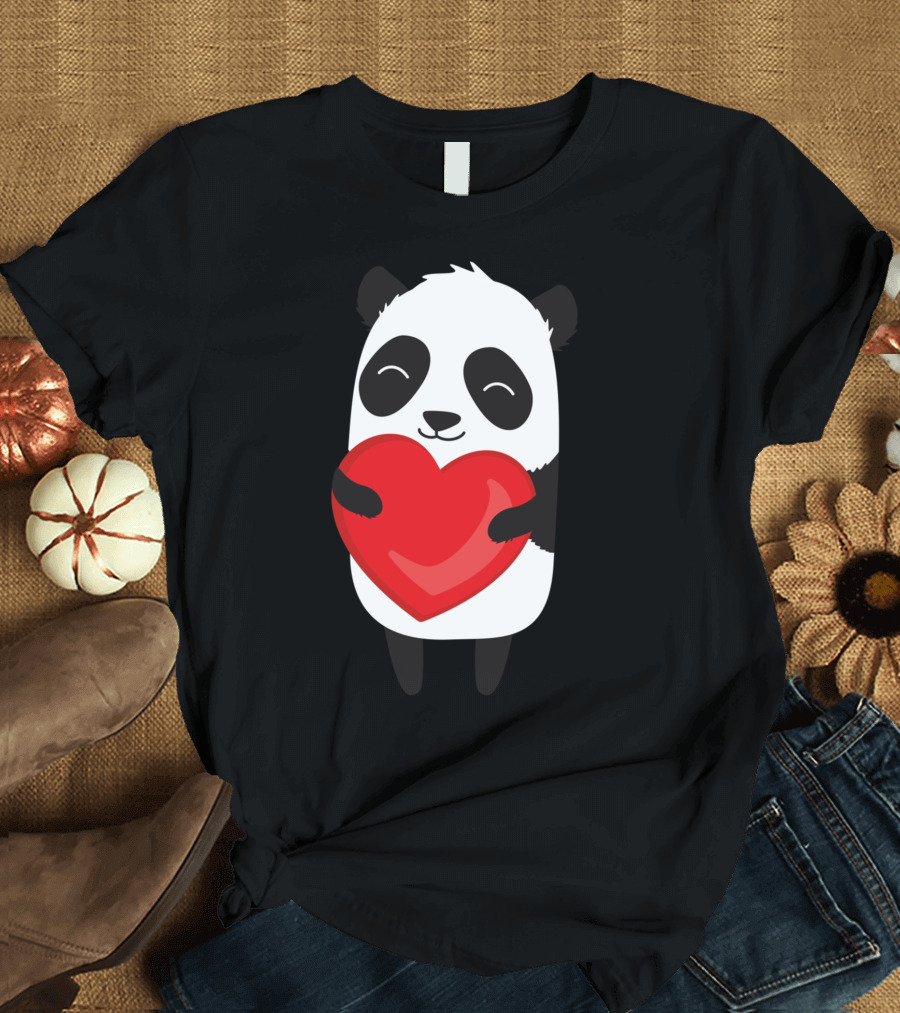 Panda Hugging Red Heart with Happy Expression T-Shirt