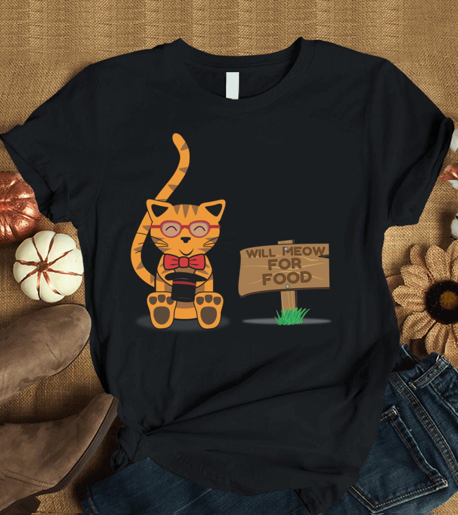 Will Meow For Food Cat with Red Glasses and Bow Tie T-Shirt
