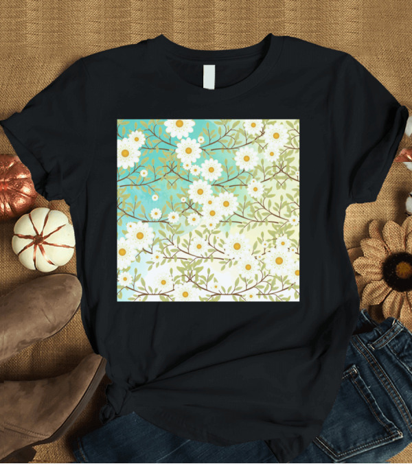T-Shirt: Springtime Scene Daisies and Branches on Green T-Shirt Springtime Scene Daisies and Branches on Green T-Shirt