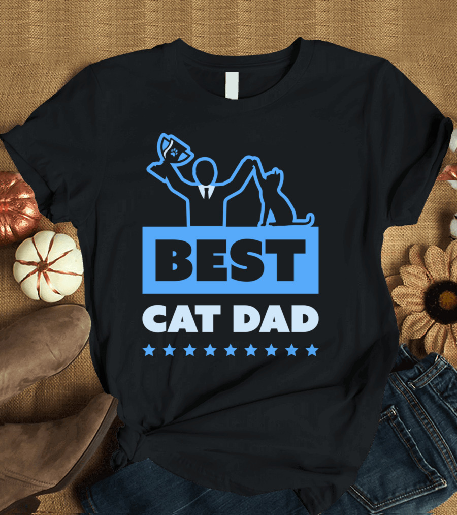 BEST CAT DAD Trophy Winner with Cat and Stars T-Shirt
