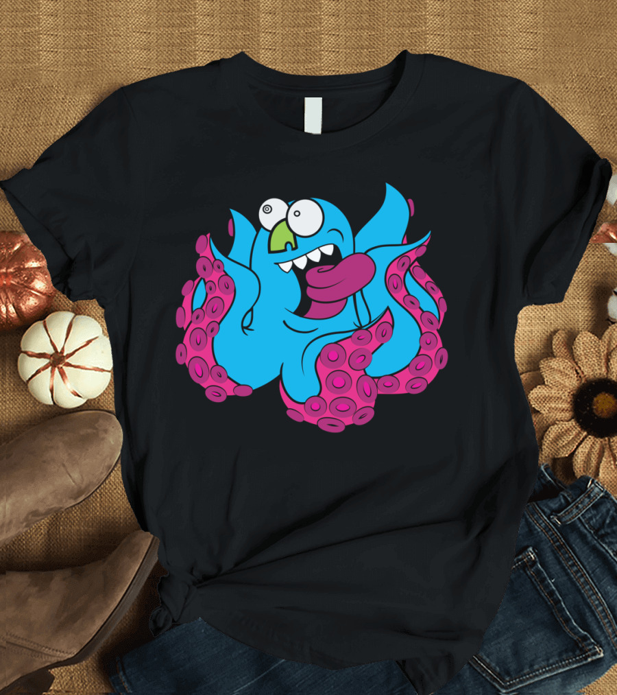 Squidly Cartoon Blue Octopus with Pink Tentacles T-Shirt