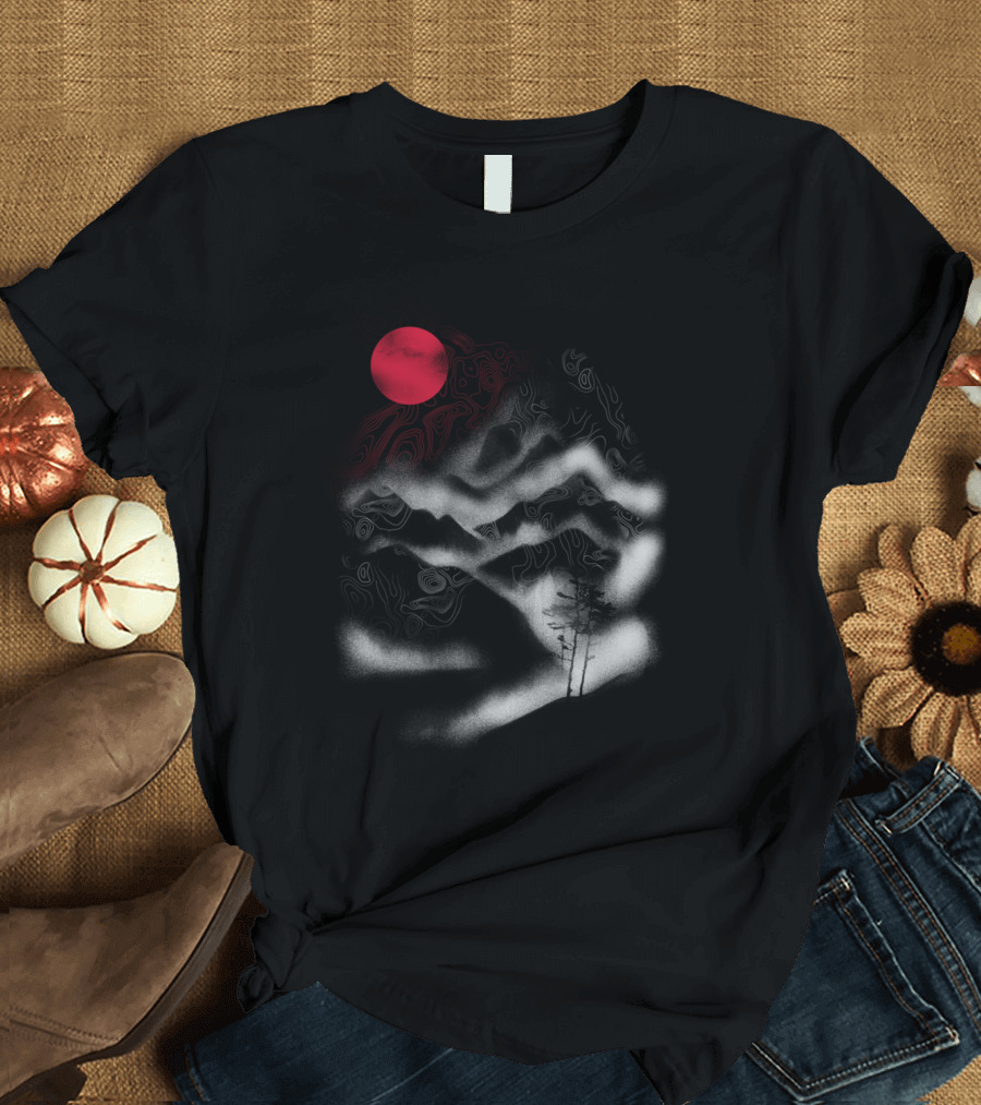 In This Space Red Moon Mountains Black and White Landscape T-Shirt