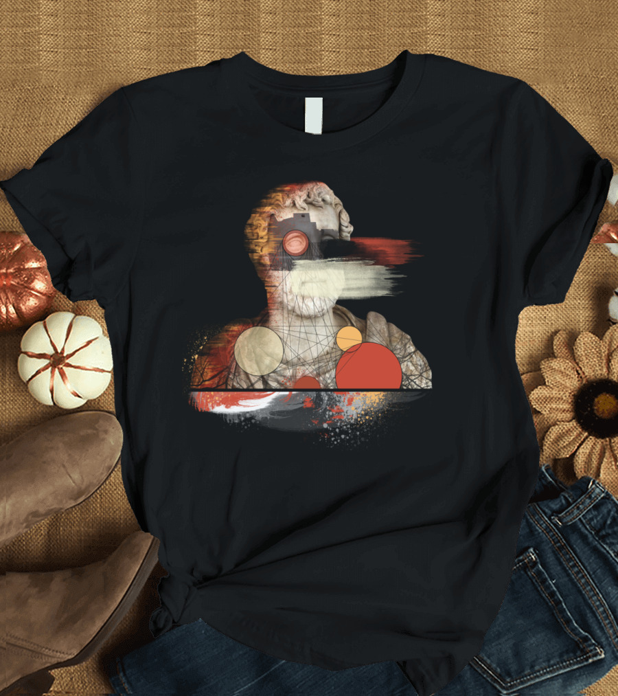 In Time Geometric Abstract Roman Bust with Circles and Lines T-Shirt