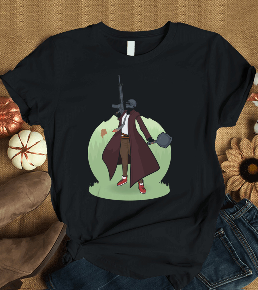 Into the Battlegrounds Gaming Character with Helmet and Weapon T-Shirt