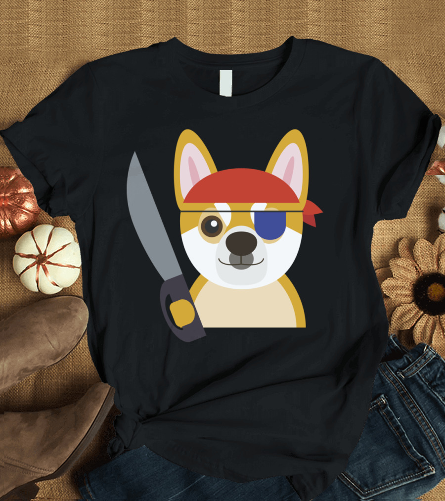 Captain Pirate Shiba Sword Bandana Eye Patch T-Shirt
