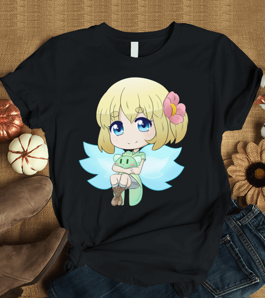 Stacey Chibi Blonde Girl with Flower and Wings Holding Plushie T-Shirt