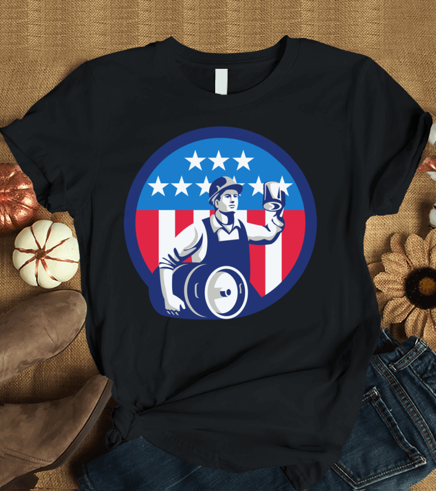 American Builder Beer Keg Flag Circle Ret Distressed Vintage Retro Patriotic T-Shirt