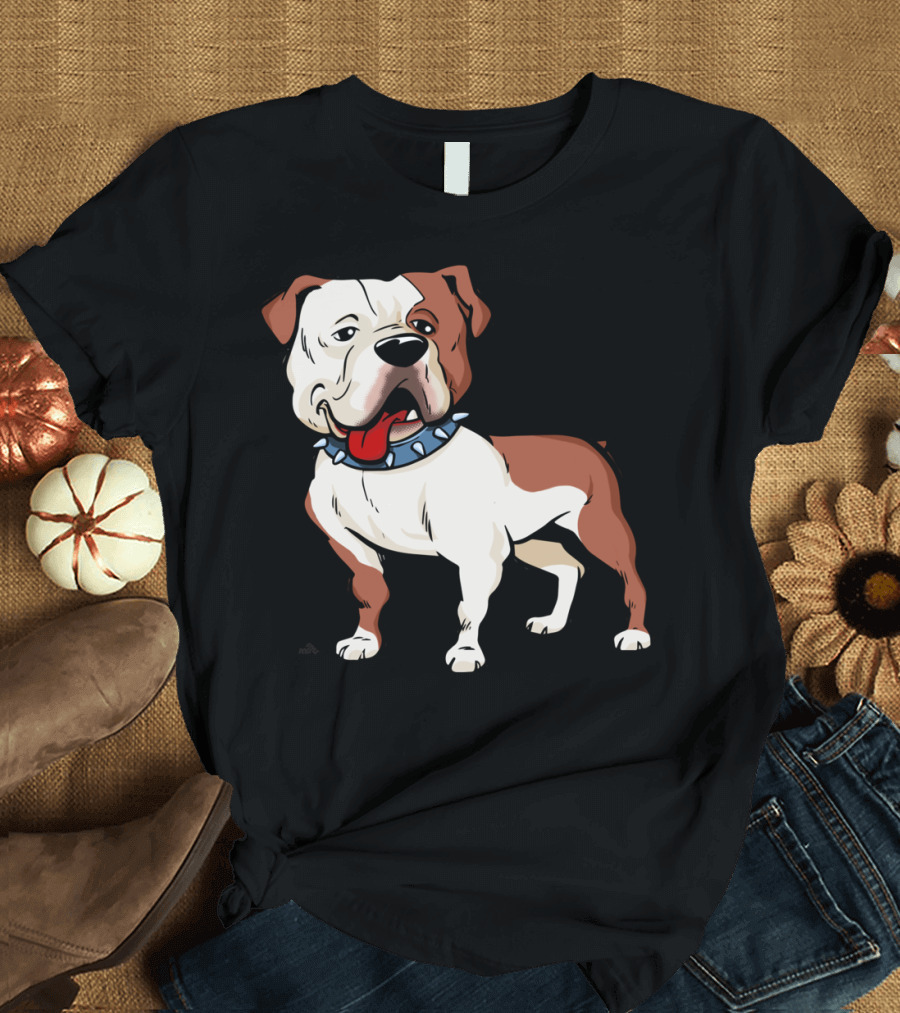 American Bulldog Character with Spiked Collar Cartoon T-Shirt