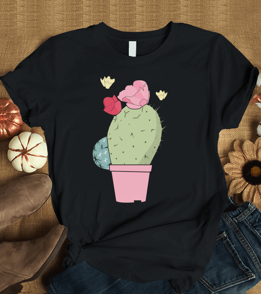 Pastel Colors Cactus in Pink Pot with Flowers T-Shirt