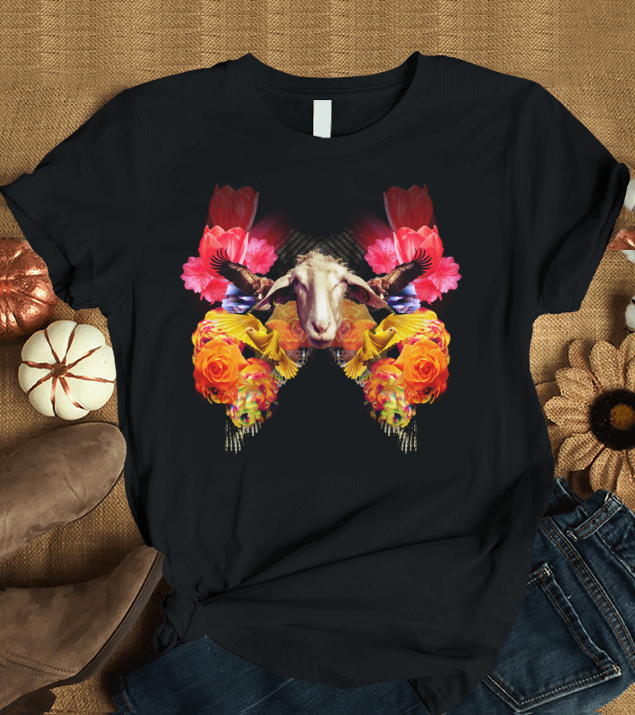 Dopey Sheep Surrounded by Vibrant Flowers and Birds T-Shirt