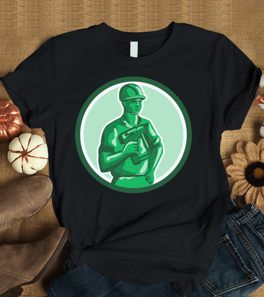 Green Construction Worker Holding Nailgun in Circular T-Shirt
