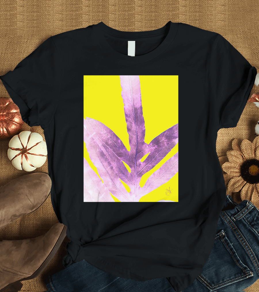 Green Fern Purple Leaf on Bright Yellow Background T-Shirt