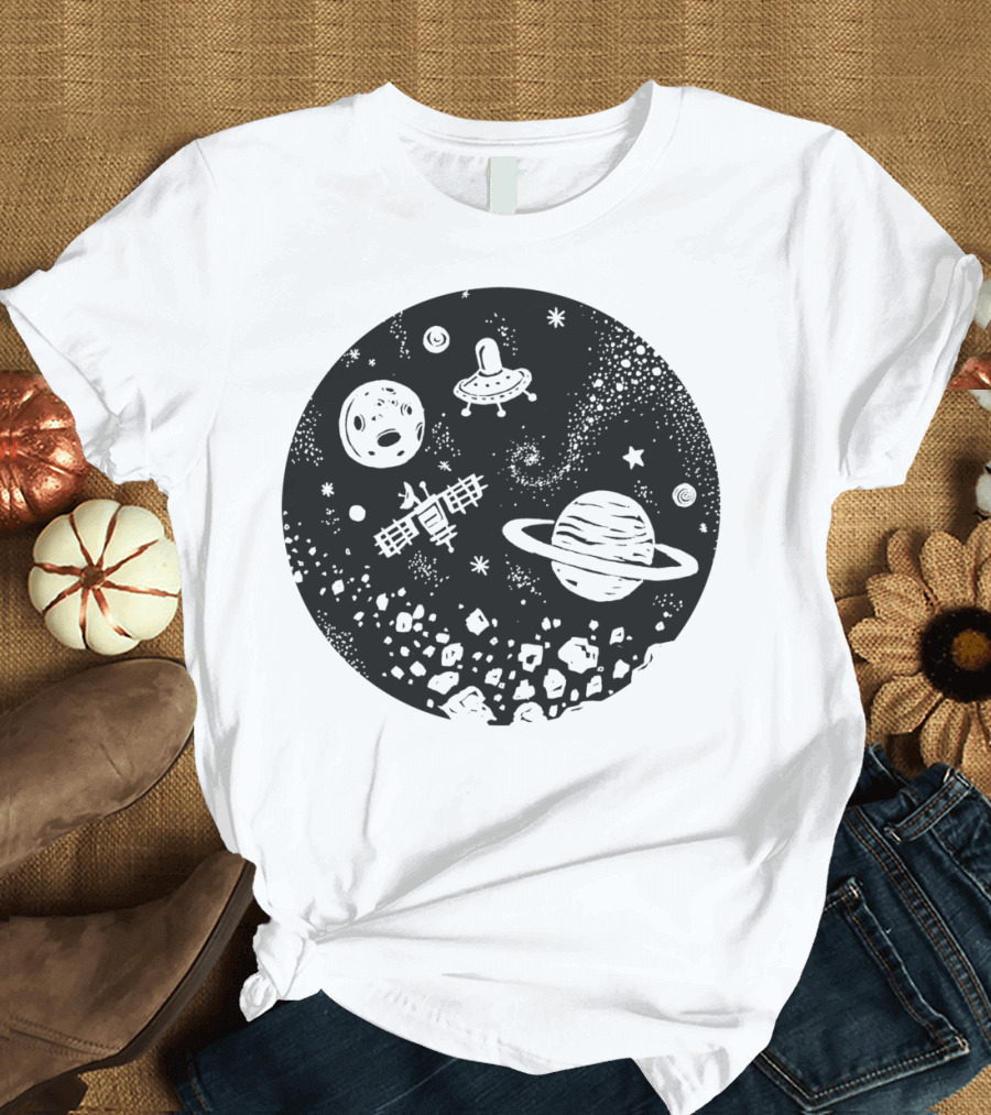 Galaxy Elements UFO Saturn Asteroid Field Starry Night Sky T-Shirt