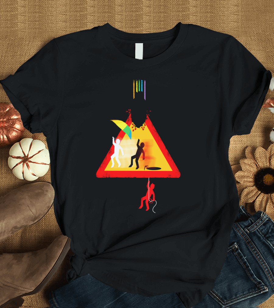 Beware Of Falling Object People Umbrella Bomb Rope Symbol Warning T-Shirt
