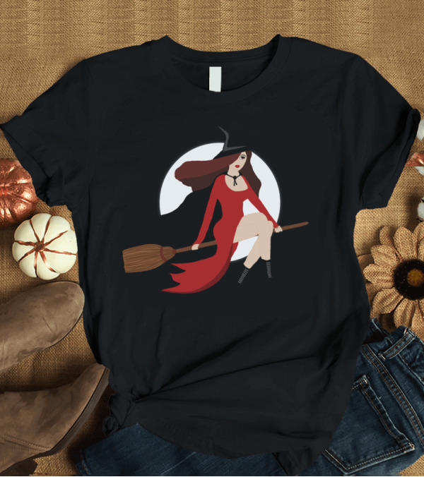 T-Shirt: Witch On A Broomstick in Moonlit Night Dress T-Shirt Witch On A Broomstick in Moonlit Night Dress T-Shirt