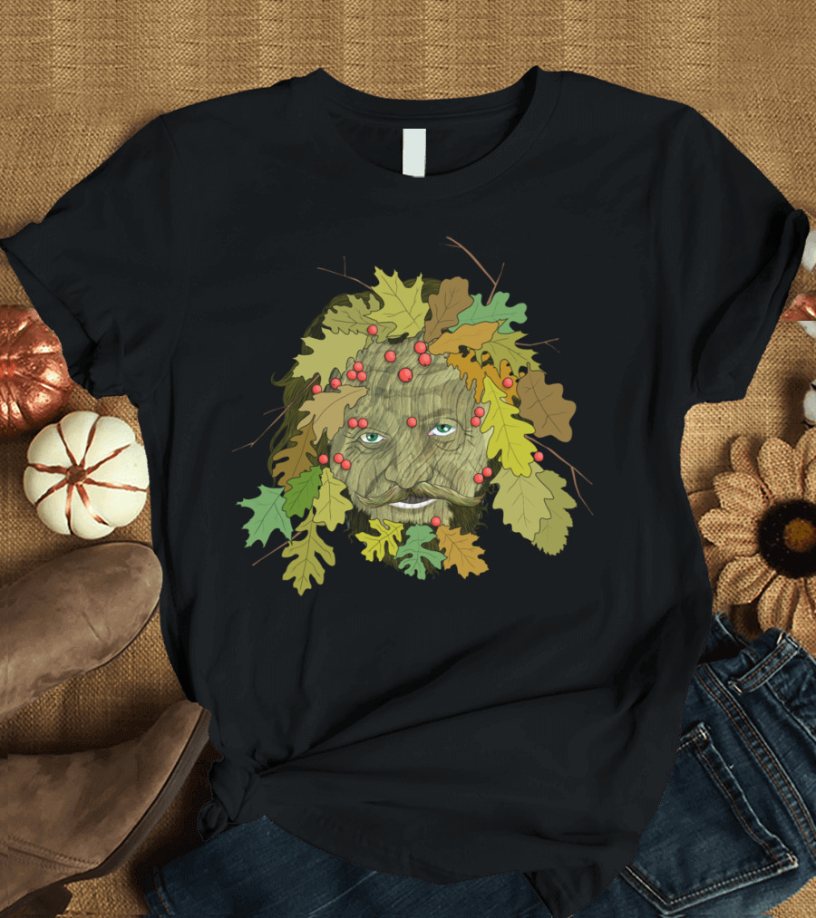 Green Man Folklore Leafy Face with Red Berries T-Shirt