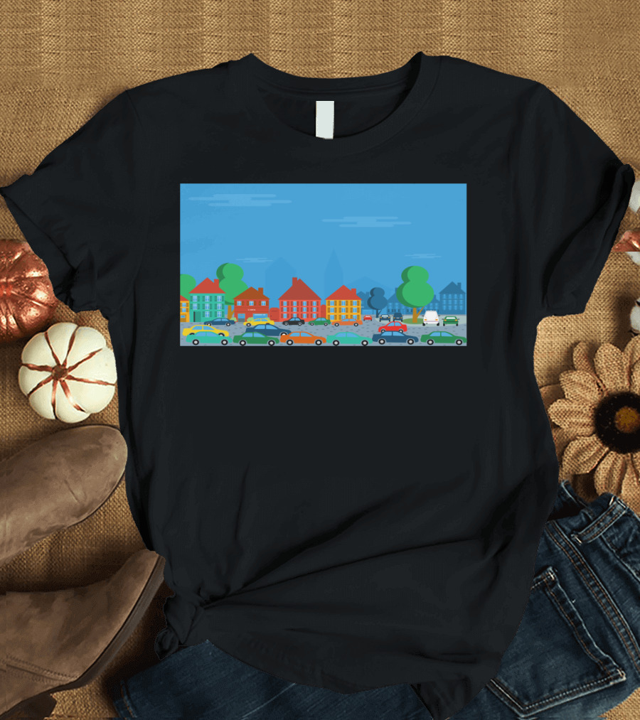 Colorful Cars Lined Up in a Vibrant Historic Town Scene T-Shirt