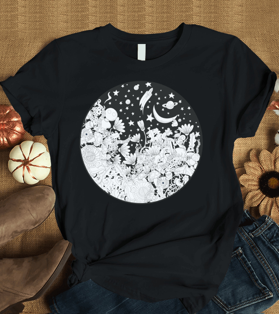 Cartoon Night Celestial Adventure with Stars and Moons T-Shirt