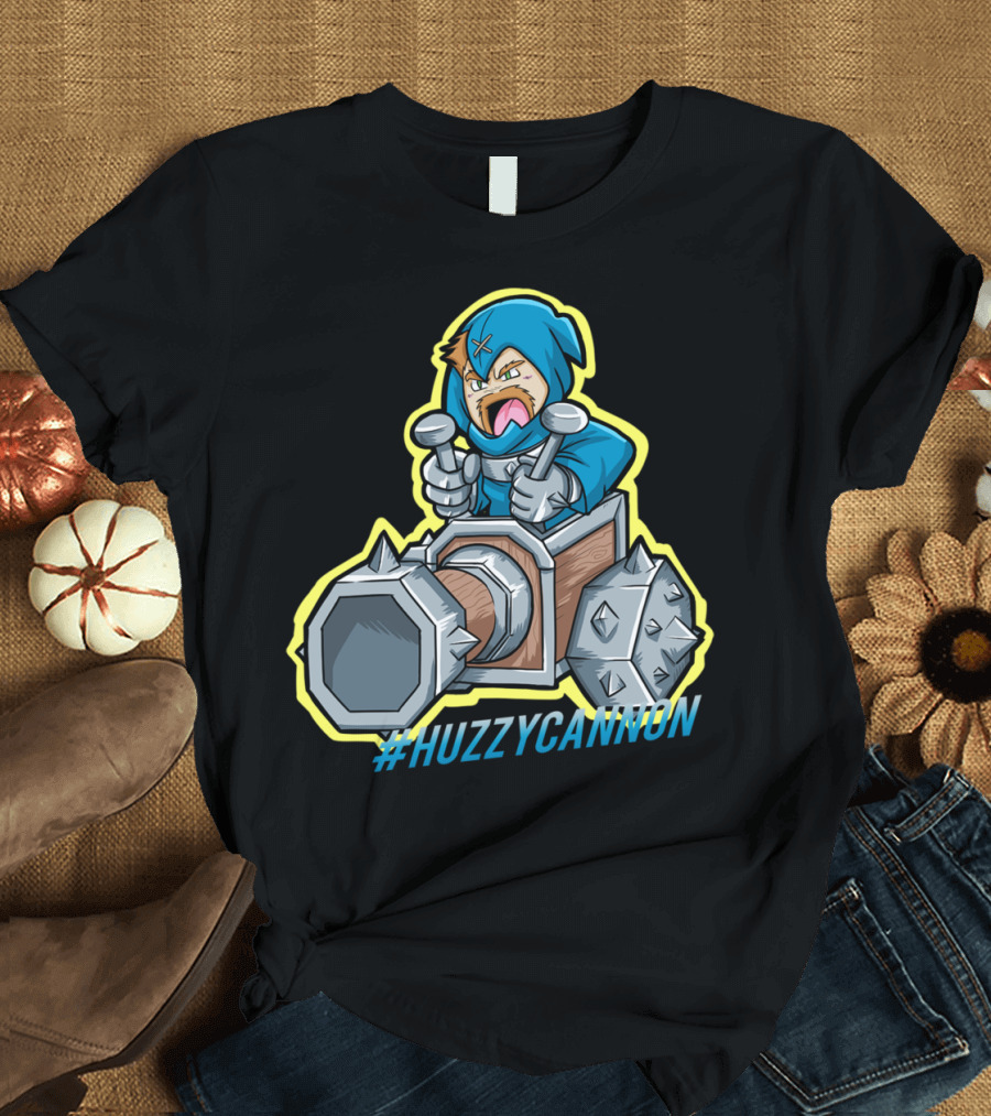 HuzzyCannon Cartoon Character in Blue Hood with Spiked Iron Vehicle T-Shirt