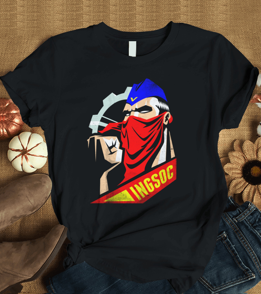 INGSOC Propaganda Worker with Red Bandana and Gear Background T-Shirt