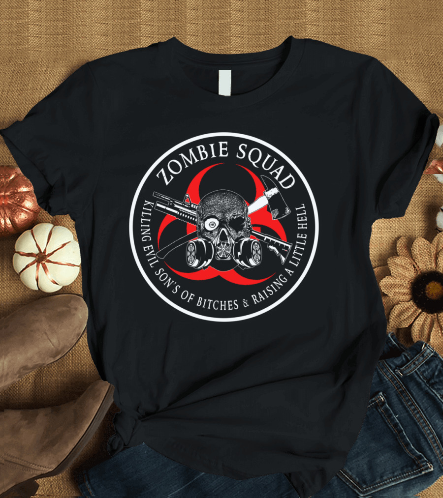 Zombie Squad Biohazard Ring Killing Evil Son's of Bitches and Raising a Little Hell T-Shirt