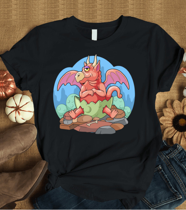 T-Shirt: Dragon Baby Hatching from Egg with Wings and Horns in Fantasy Landscape T-Shirt Dragon Baby Hatching from Egg with Wings and Horns in Fantasy Landscape T-Shirt