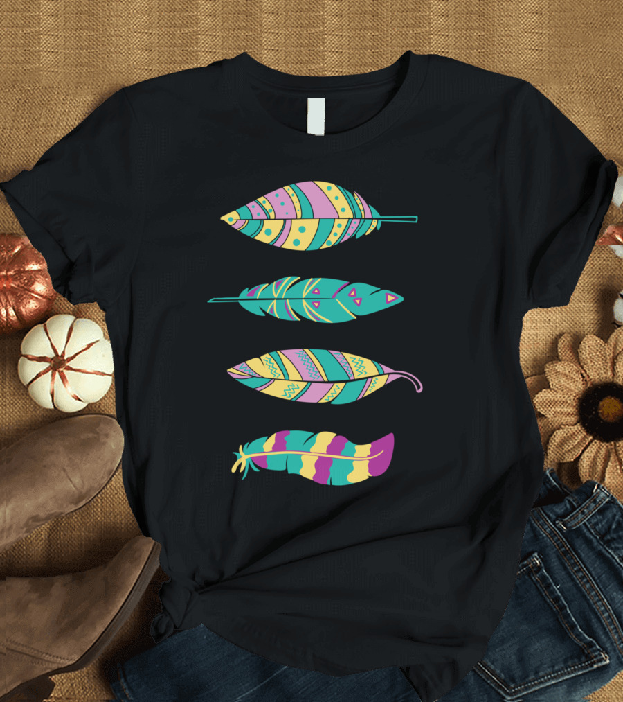 Colorful Patterned Feathers with Geometric T-Shirt