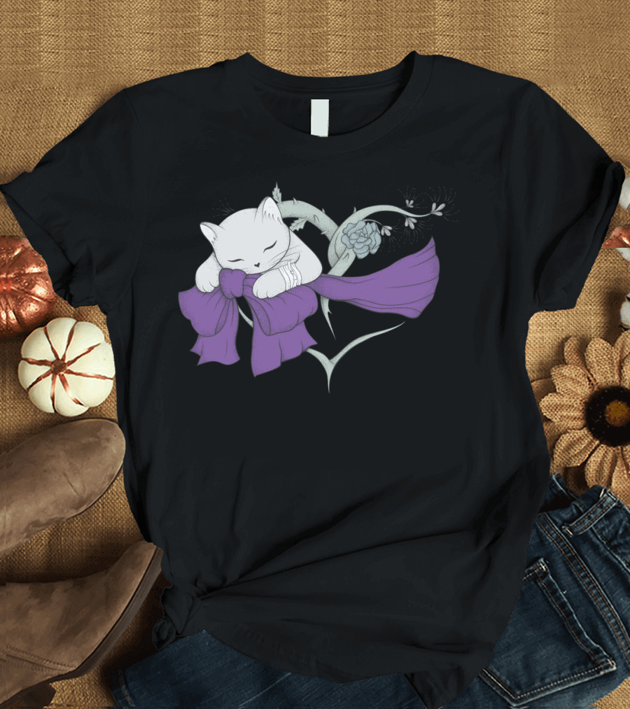 Sleeping Cat with Purple Ribbon and Floral Heart T-Shirt