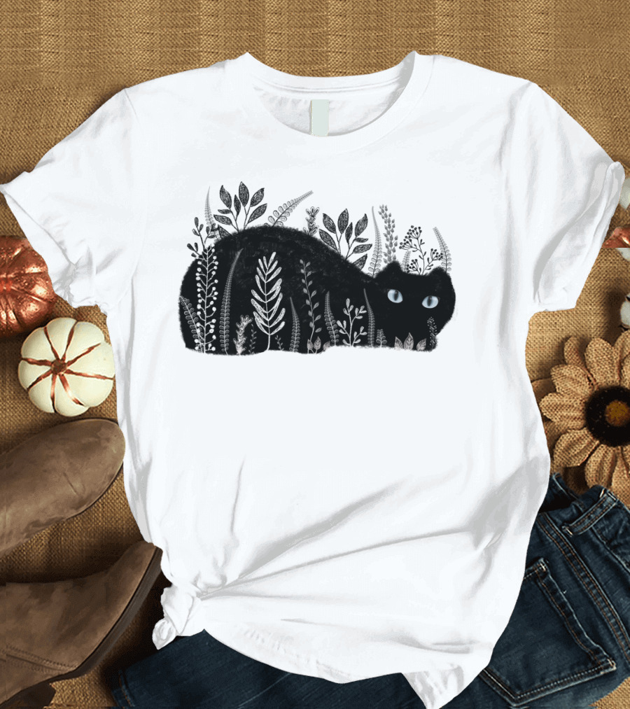 Cat Concealed Amongst Foliage with Blue Eyes T-Shirt