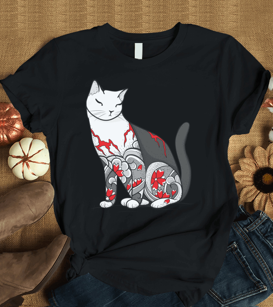 Cat Yin Yang Cherry Blossom Tattoo T-Shirt