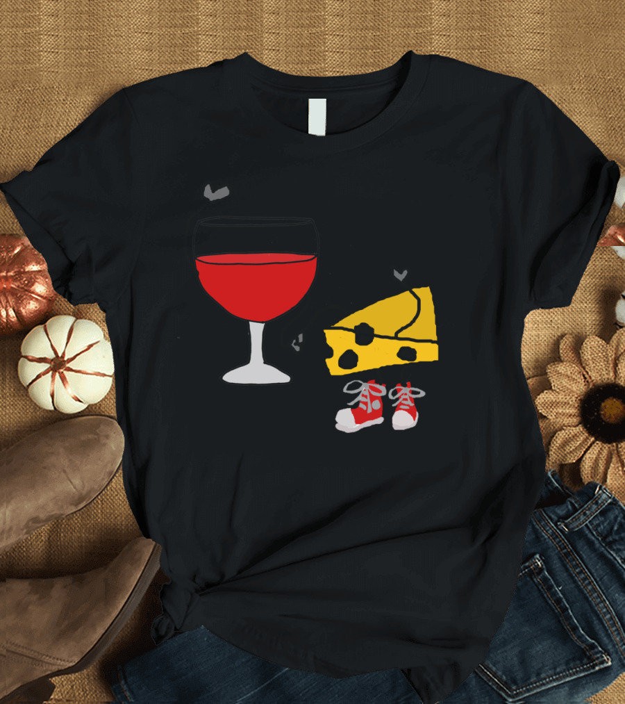 Funny Wine and Cheese with Cartoon Character Sneakers T-Shirt