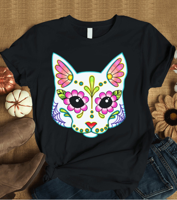 T-Shirt: White Day of the Dead Cat Sugar Skull T-Shirt White Day of the Dead Cat Sugar Skull T-Shirt