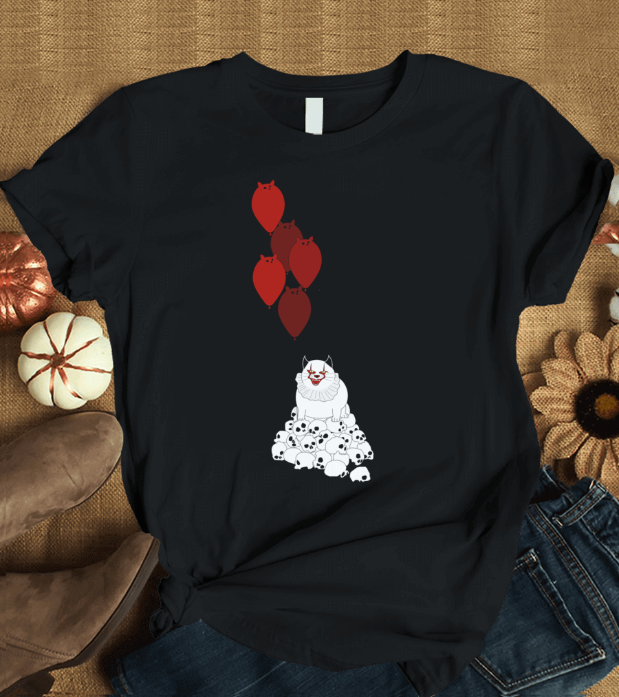 Clown Cat on Skulls with Red Cat Balloons T-Shirt