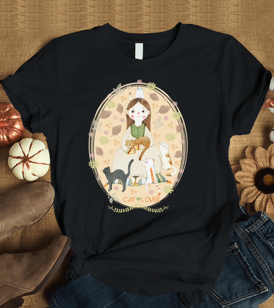 Cat Lover Whimsical Illustration with Cats and Floral Frame T-Shirt