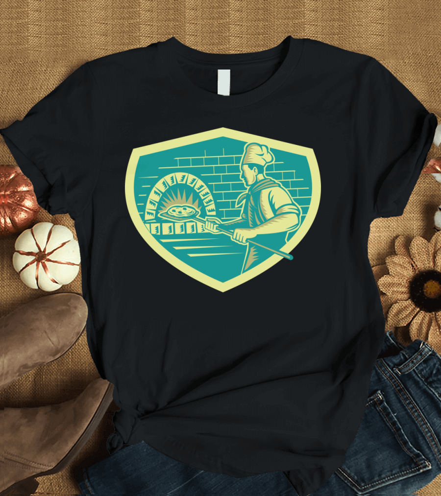 Pizza Maker Holding Peel by Brick Oven Crest Wood T-Shirt