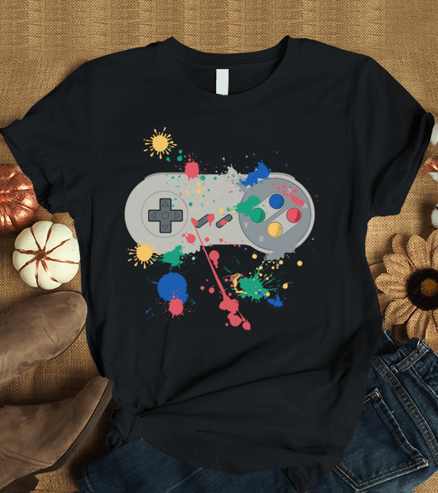 SNES Controller Colorful Paint Splatter Graffiti T-Shirt