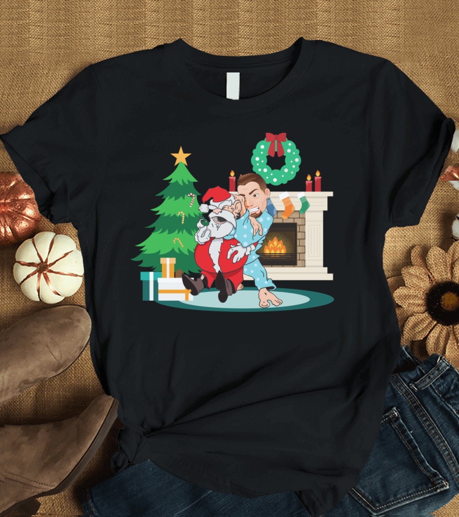 Humorous Christmas BJJ Santa Chokehold by Fireplace T-Shirt