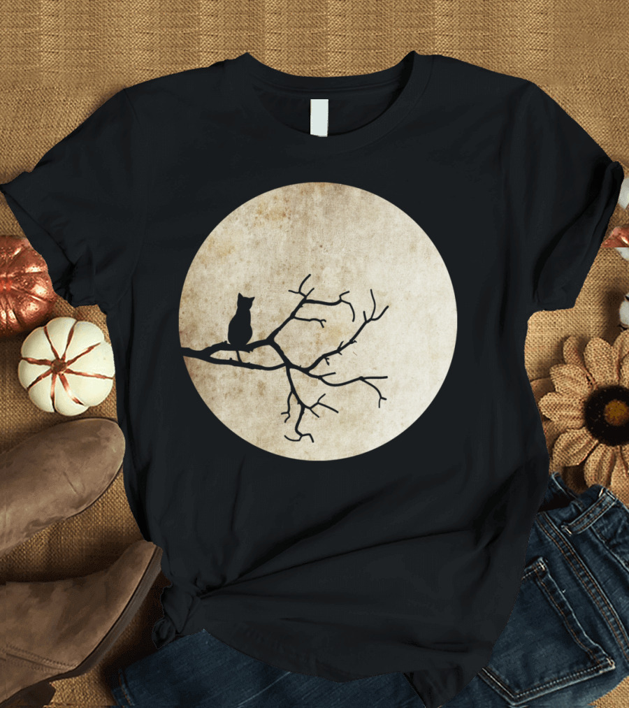 Cat Night Moon Silhouette on Branch T-Shirt