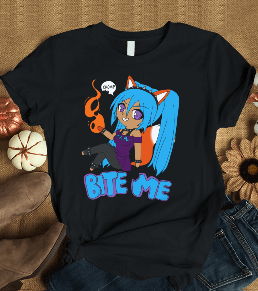 Chomp Bite Me Anime Girl Blue Hair Fox Ears Flame T-Shirt