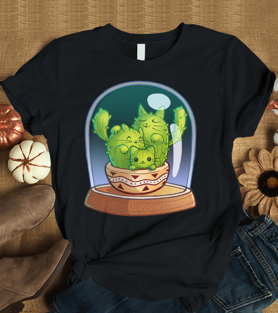 Cat Ti Cactus Family in Glass Dome T-Shirt